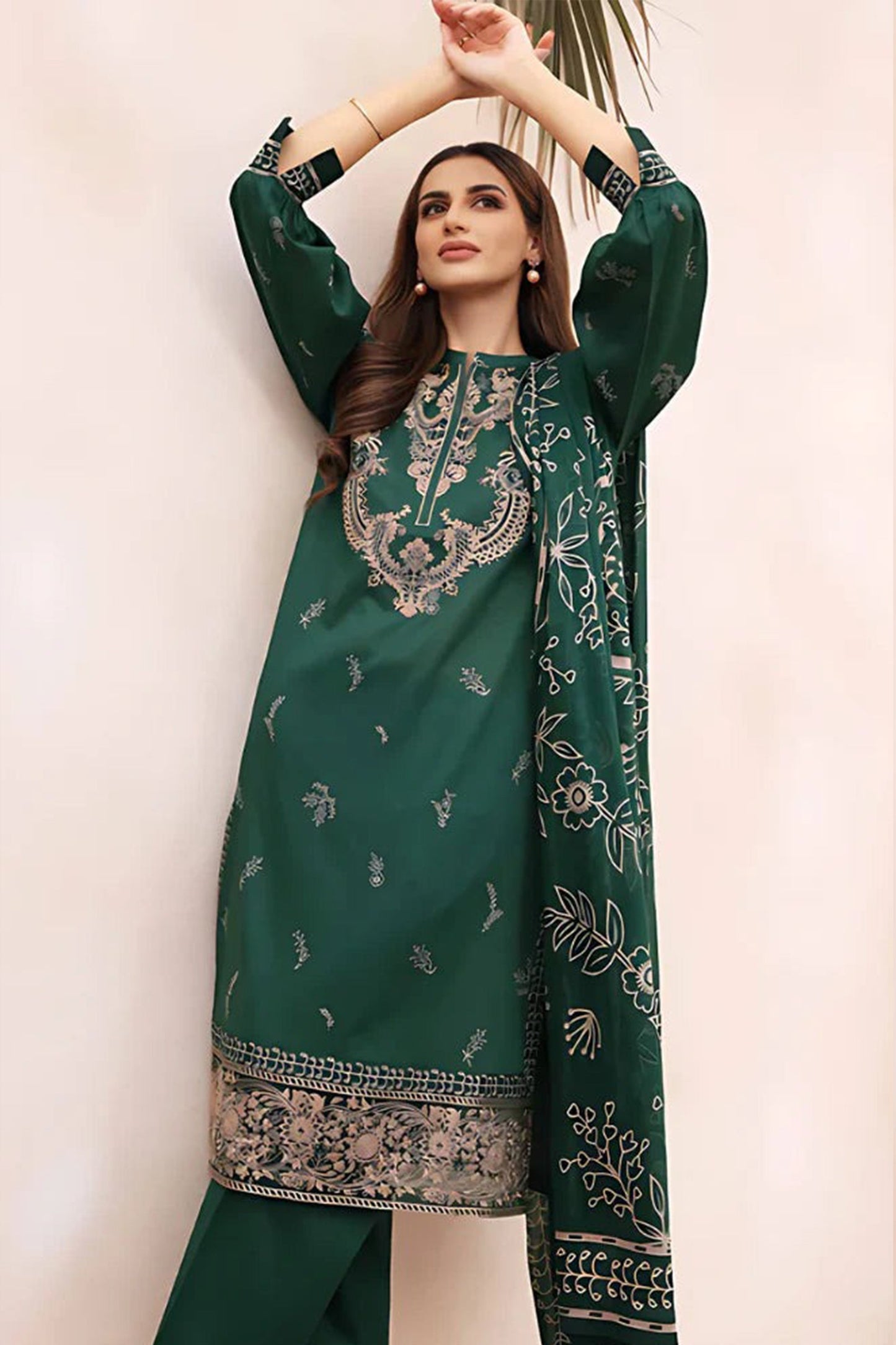 CF938-WINTER 3PC Dhanak Embroidered suit with Printed Shawll