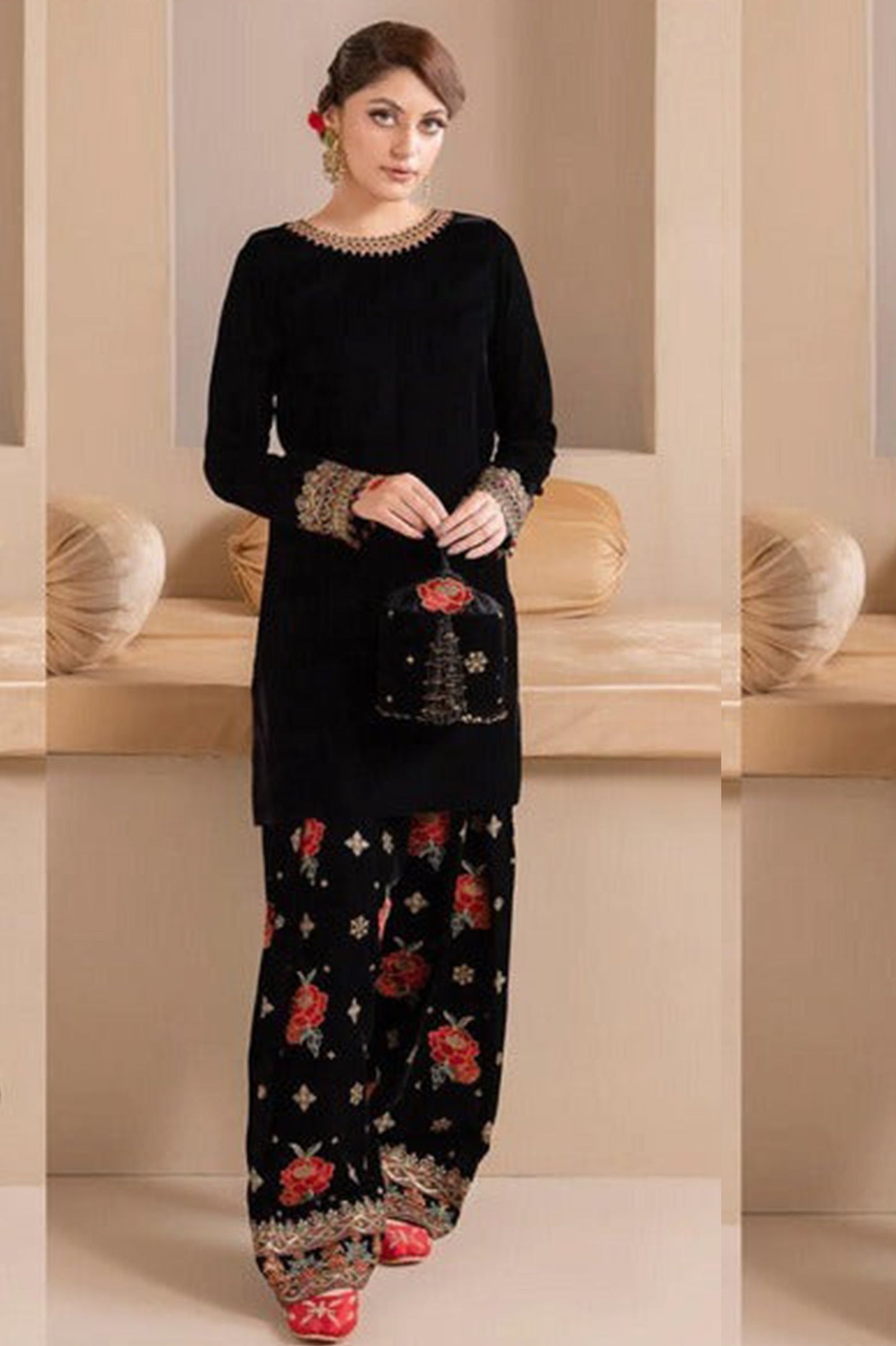 CF577-Embroidered Velvet Dress With Organza embroidered Dopata