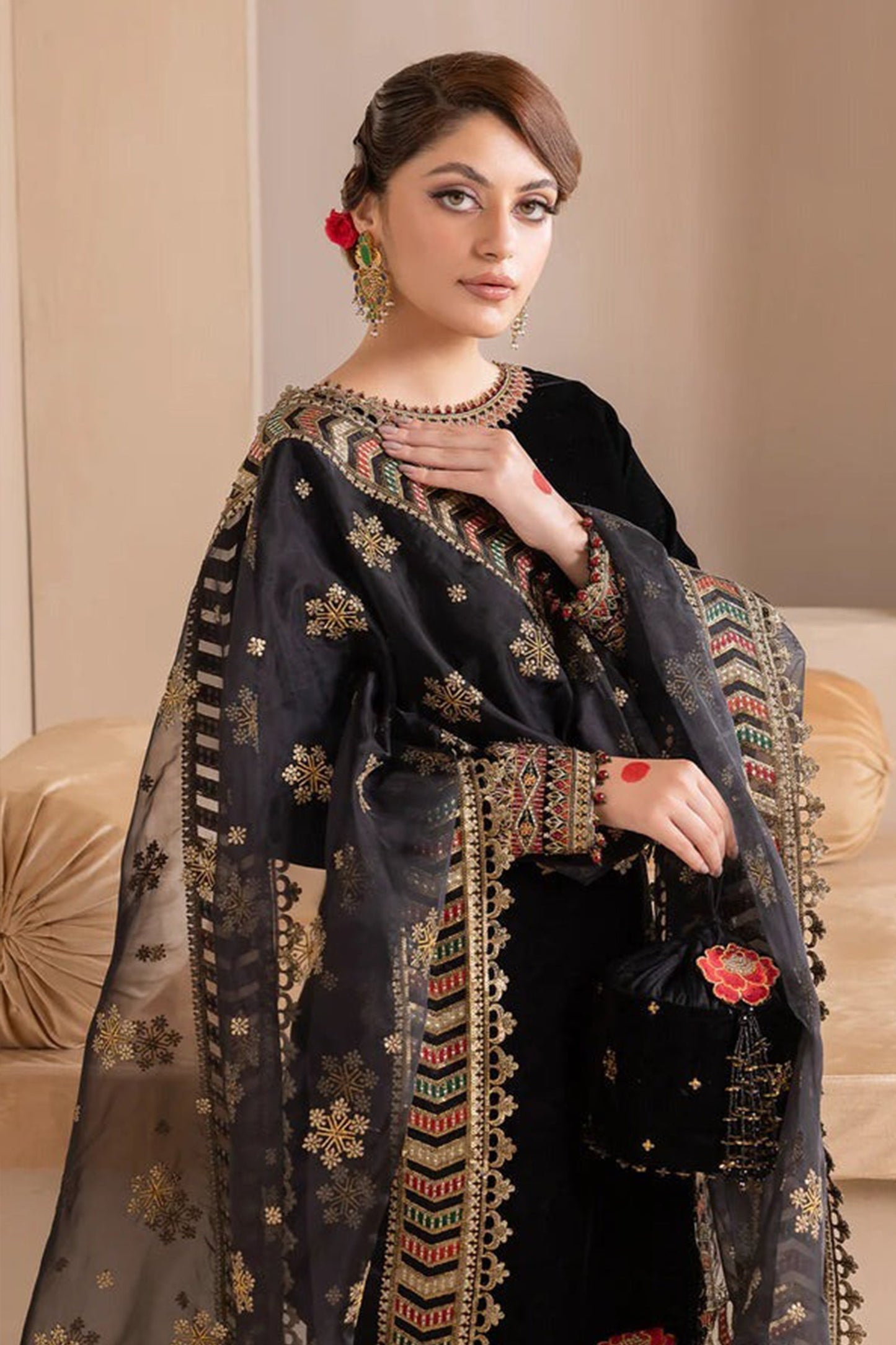 CF577-Embroidered Velvet Dress With Organza embroidered Dopata