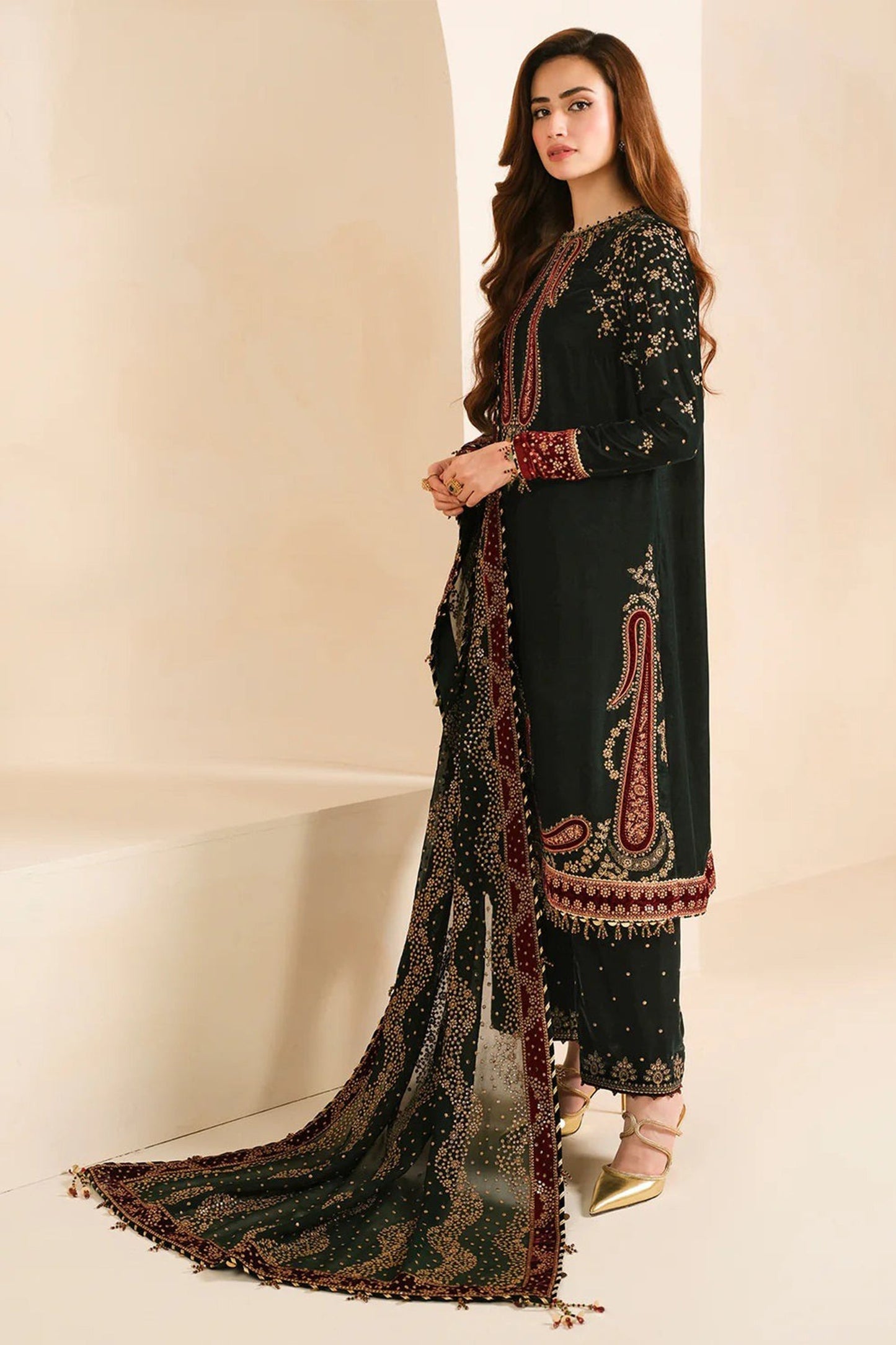 CF1104 -Winter Jazmin Velvet Embroidered with Printed organza duppatta Winter Collection