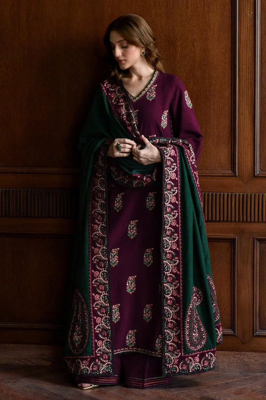 CF1236 Winter BATIK-3PC DHANAK EMBROIDERED SHIRT WITH DHANAK EMBROIDERED SHAWL AND TROUSER-BIC- Regular