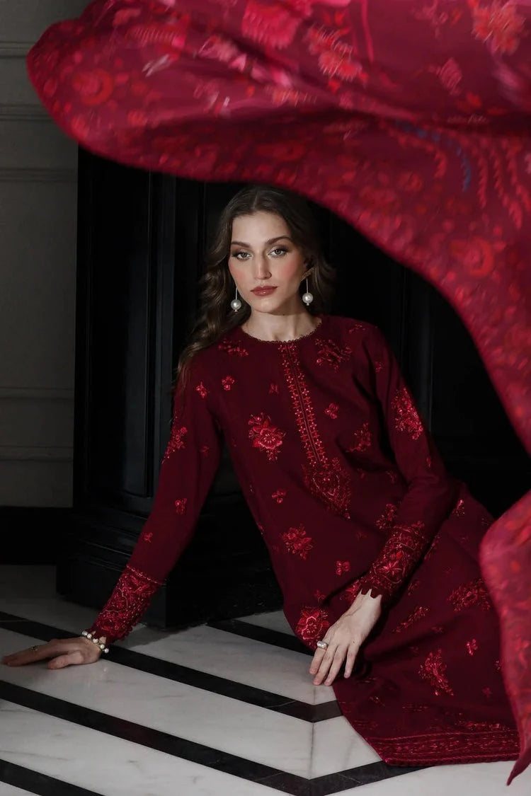 CF1238 UNSTITCHED WINTER BATIK-3PC DHANAK EMBROIDERED SHIRT WITH COURTRAI PRINTED SHAWL & TROUSER-