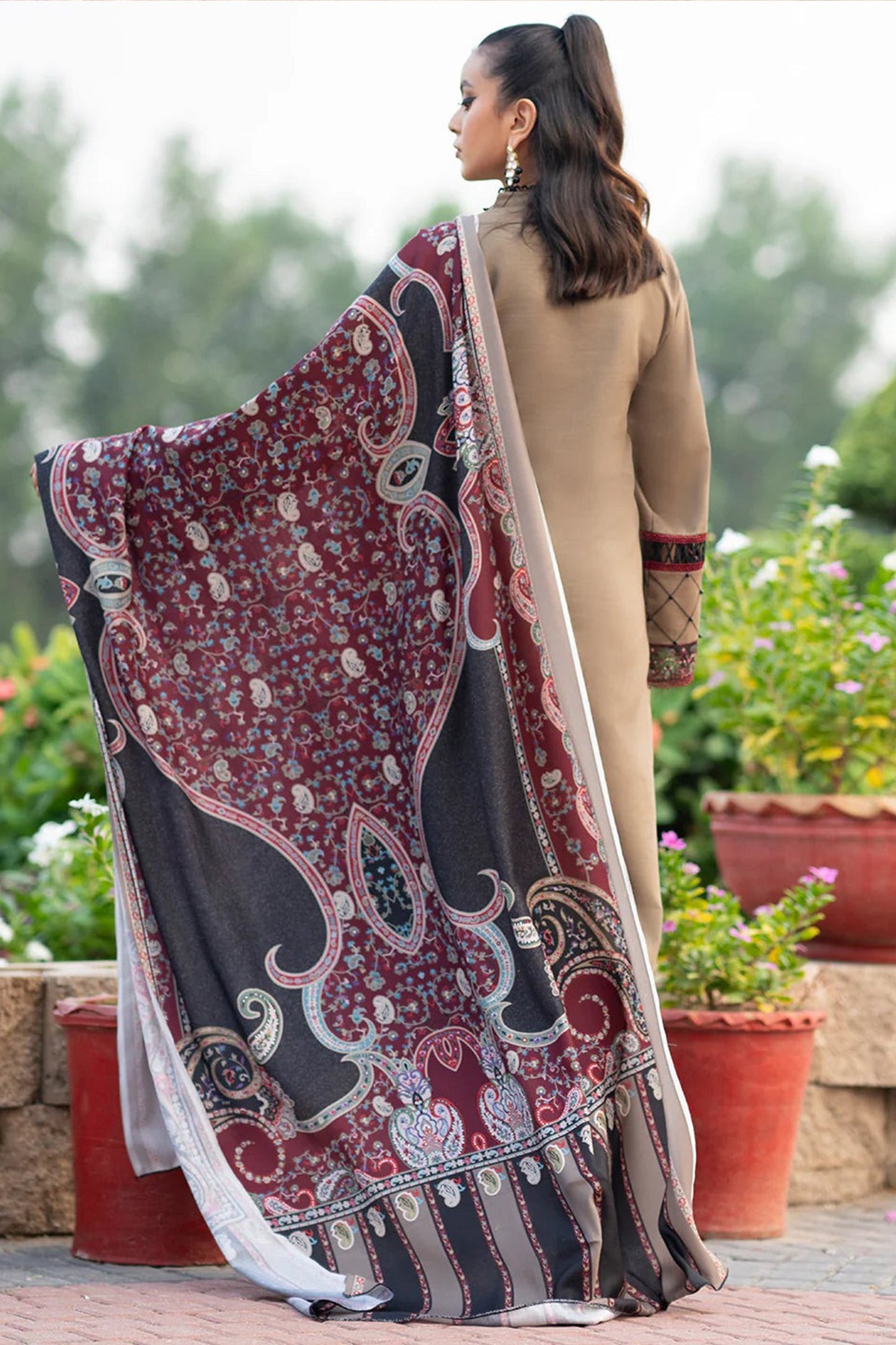 CF617-WINTER 3PC Dhanak Embroidered suit with Printed Shawll