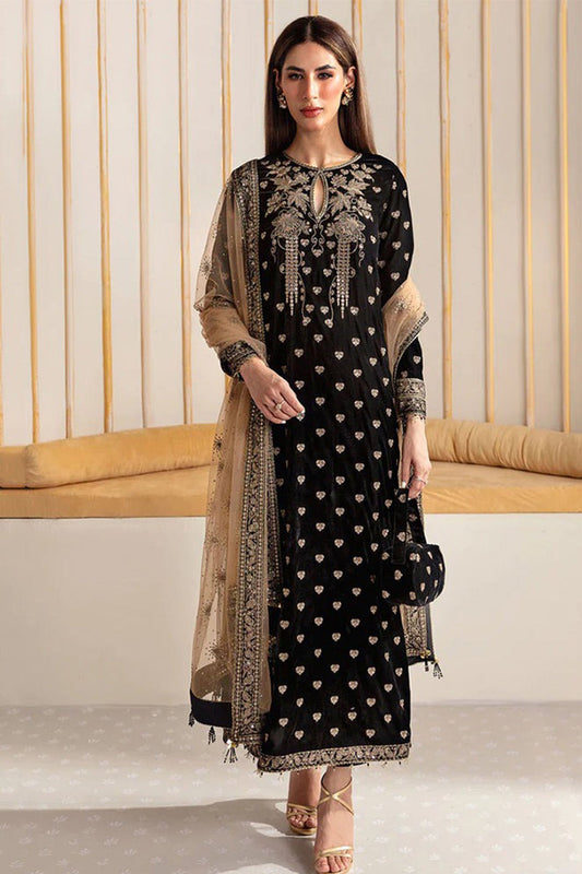 CF1114-Baroque Velvet Winter Embroidered 3 Piece Dress With Organza embroidered Dopata