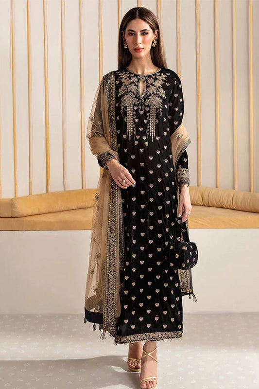 CF1114 Baroque Velvet Winter Embroidered 3 Piece Dress With Organza embroidered Dopata