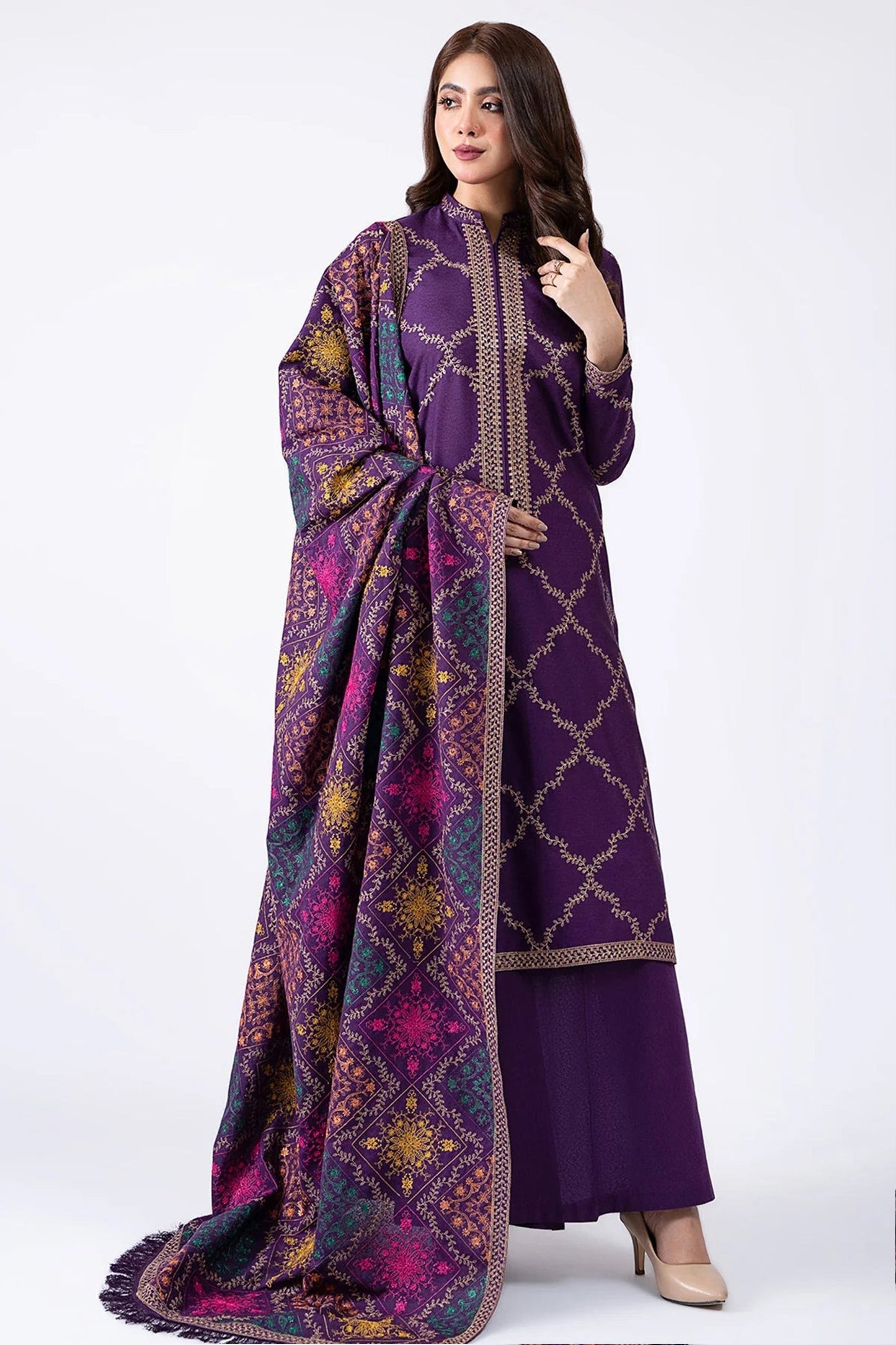 CF603-Winter 3-Pc Embroidered Dhanak Suit with Heavy Embroidered Dhanak Shawll