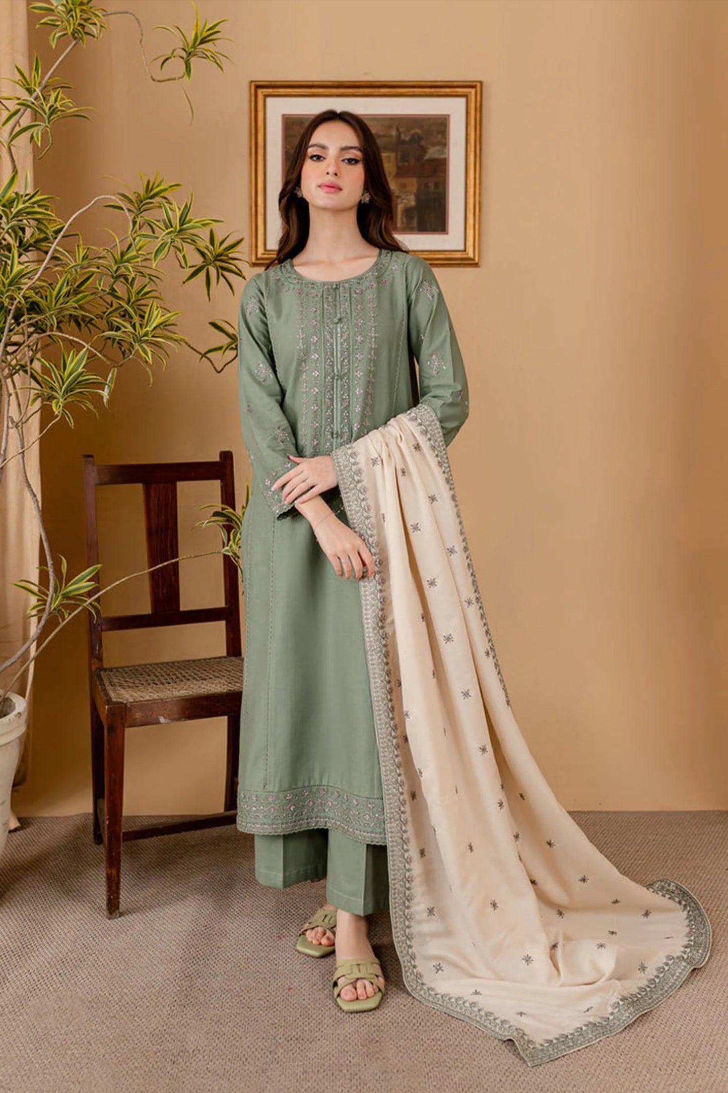 CF1121-WINTER BATIK DHANAK 3PC EMBROIDERED SHIRT WITH DHANAK EMBROIDERED SHAWL