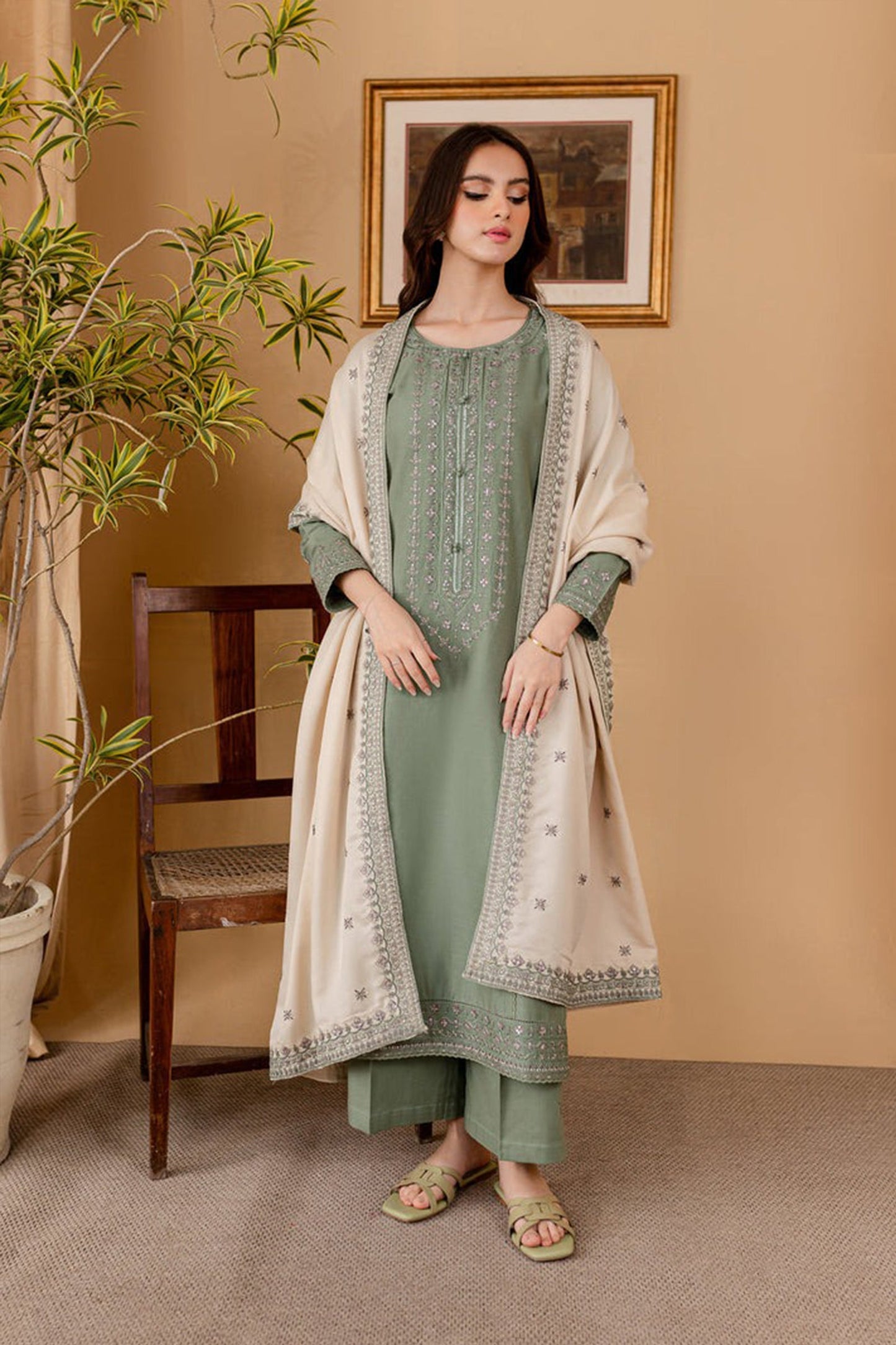 CF1121-WINTER BATIK DHANAK 3PC EMBROIDERED SHIRT WITH DHANAK EMBROIDERED SHAWL