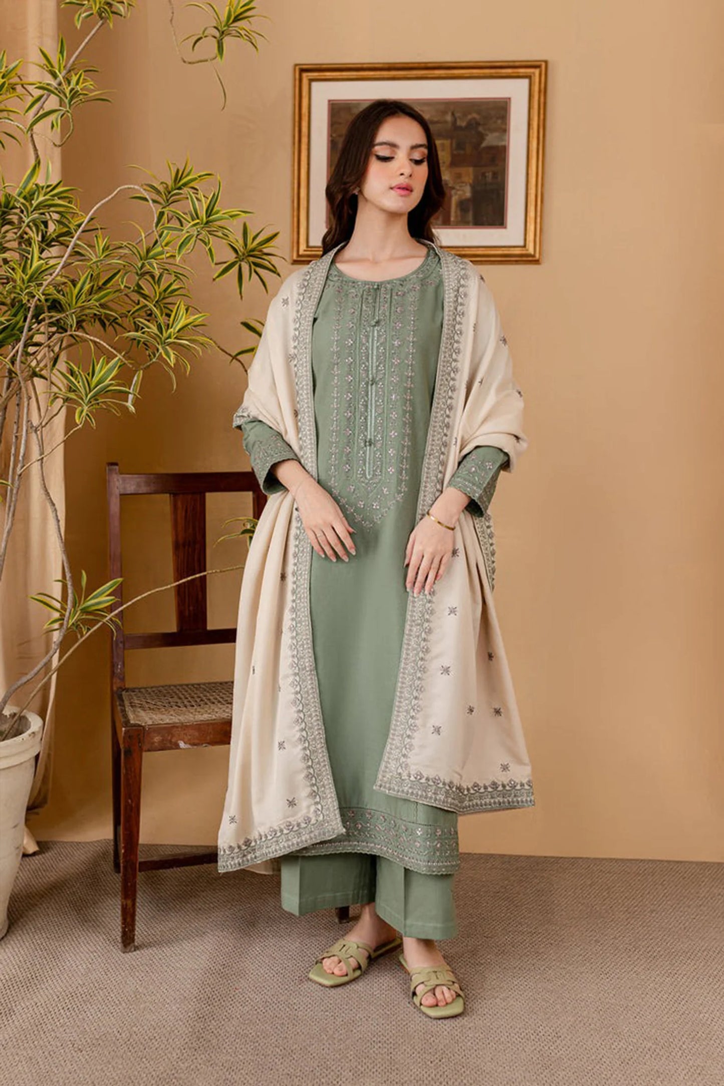 CF1121-WINTER BATIK DHANAK 3PC EMBROIDERED SHIRT WITH DHANAK EMBROIDERED SHAWL
