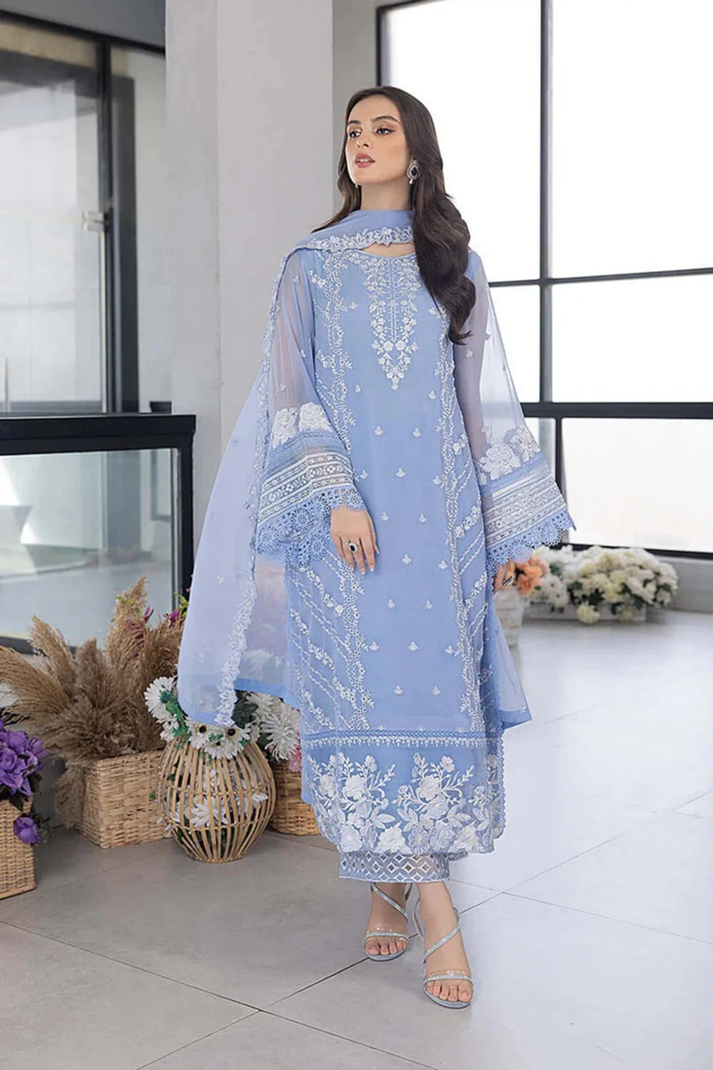 CF1123 - WINTER AZURE -Embroidered 3pc organza dress with organza duppata