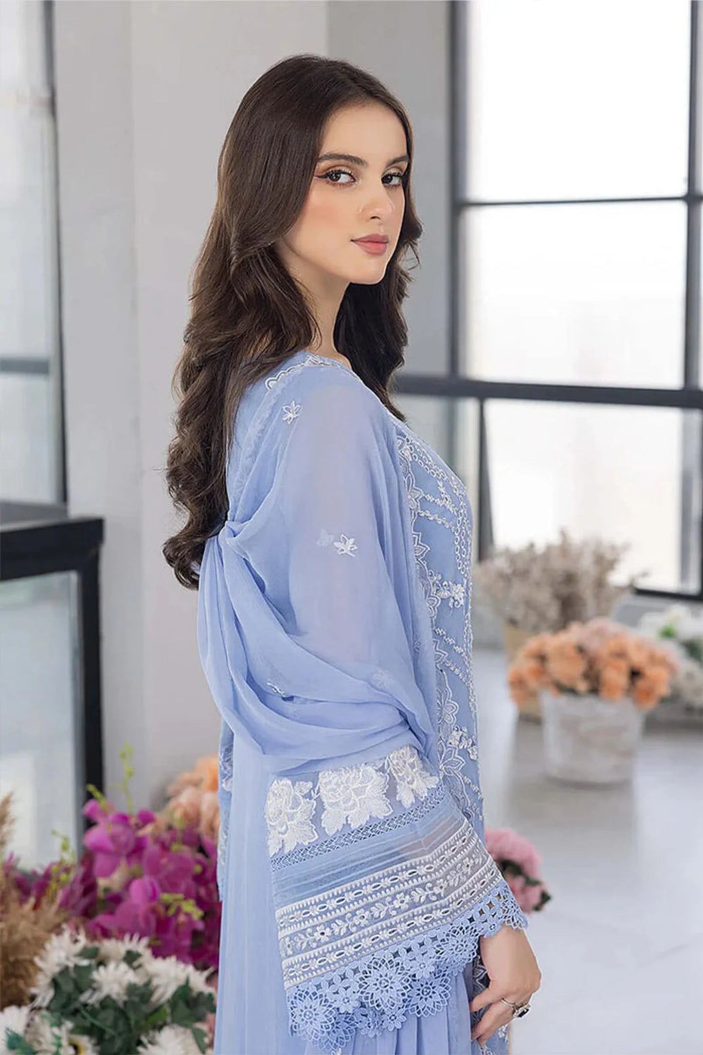 CF1123 - WINTER AZURE -Embroidered 3pc organza dress with organza duppata