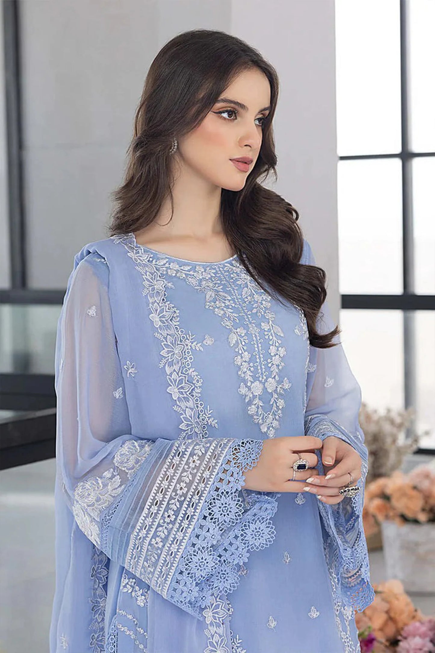 CF1123 - WINTER AZURE -Embroidered 3pc organza dress with organza duppata