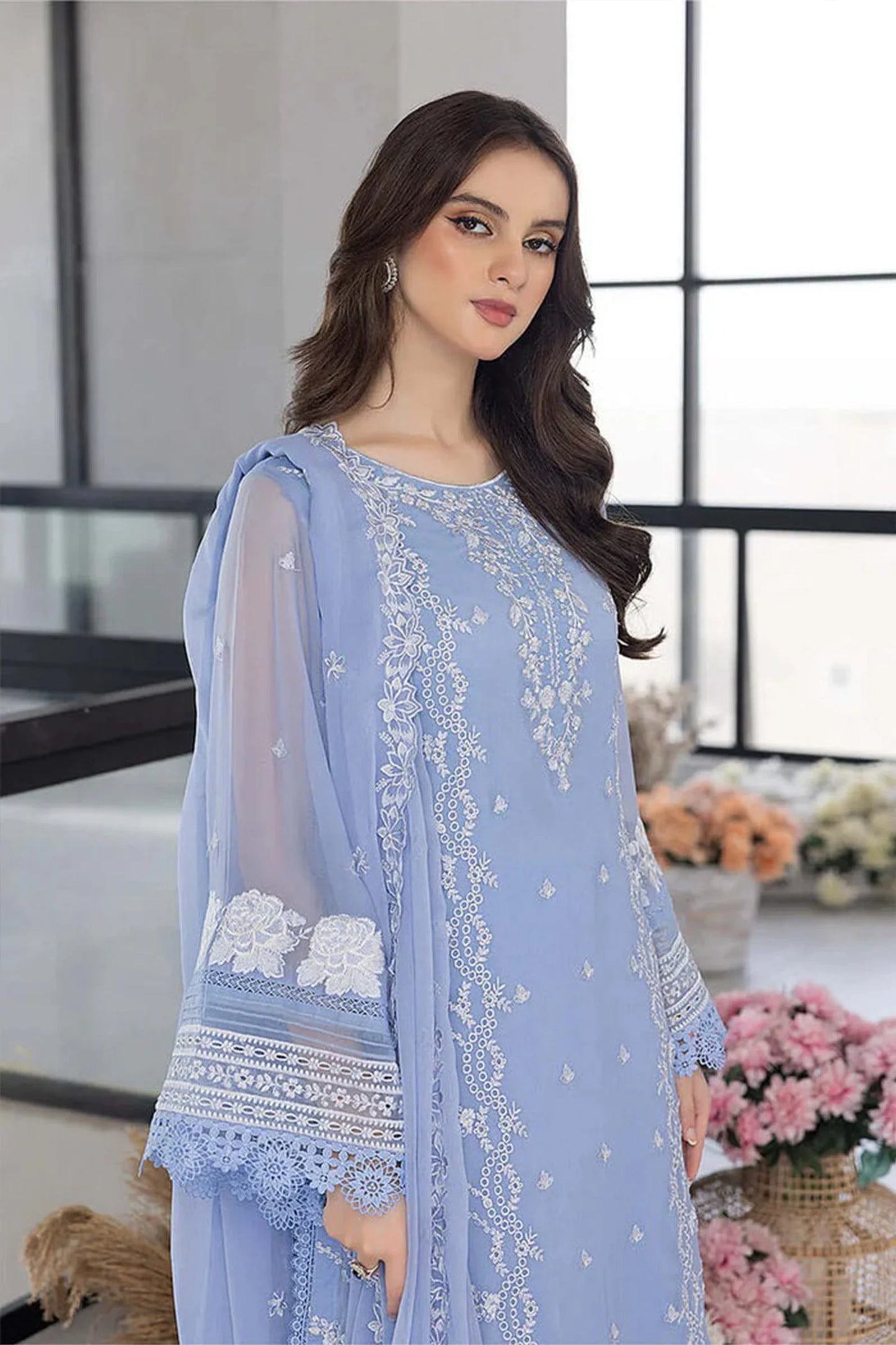CF1123 - WINTER AZURE -Embroidered 3pc organza dress with organza duppata