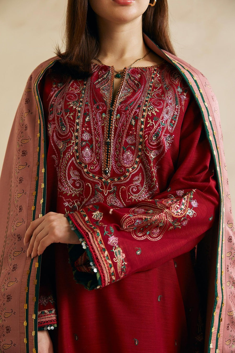 CF602-WINTER 3-Pc Embroidered Dhanak Suit with Heavy Embroidered Dhanak Shawll