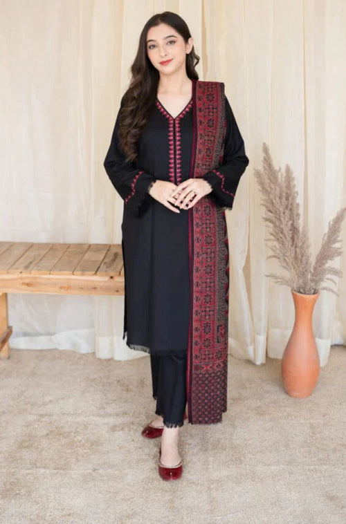 CF628-Asling 3PC Dhanak Embroidered suit with Printed Shawll