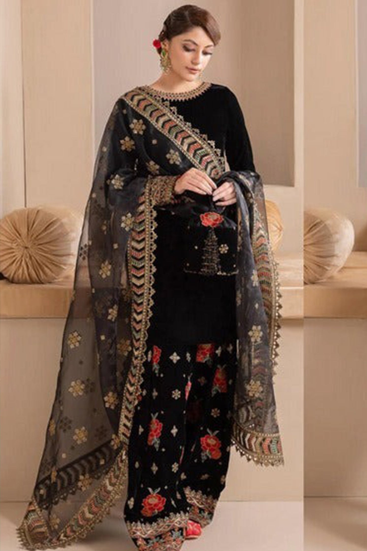 CF577-Embroidered Velvet Dress With Organza embroidered Dopata