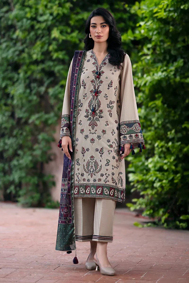 CF943-JAZMIN-3PC Dhanak Embroidered suit with Printed Shawll