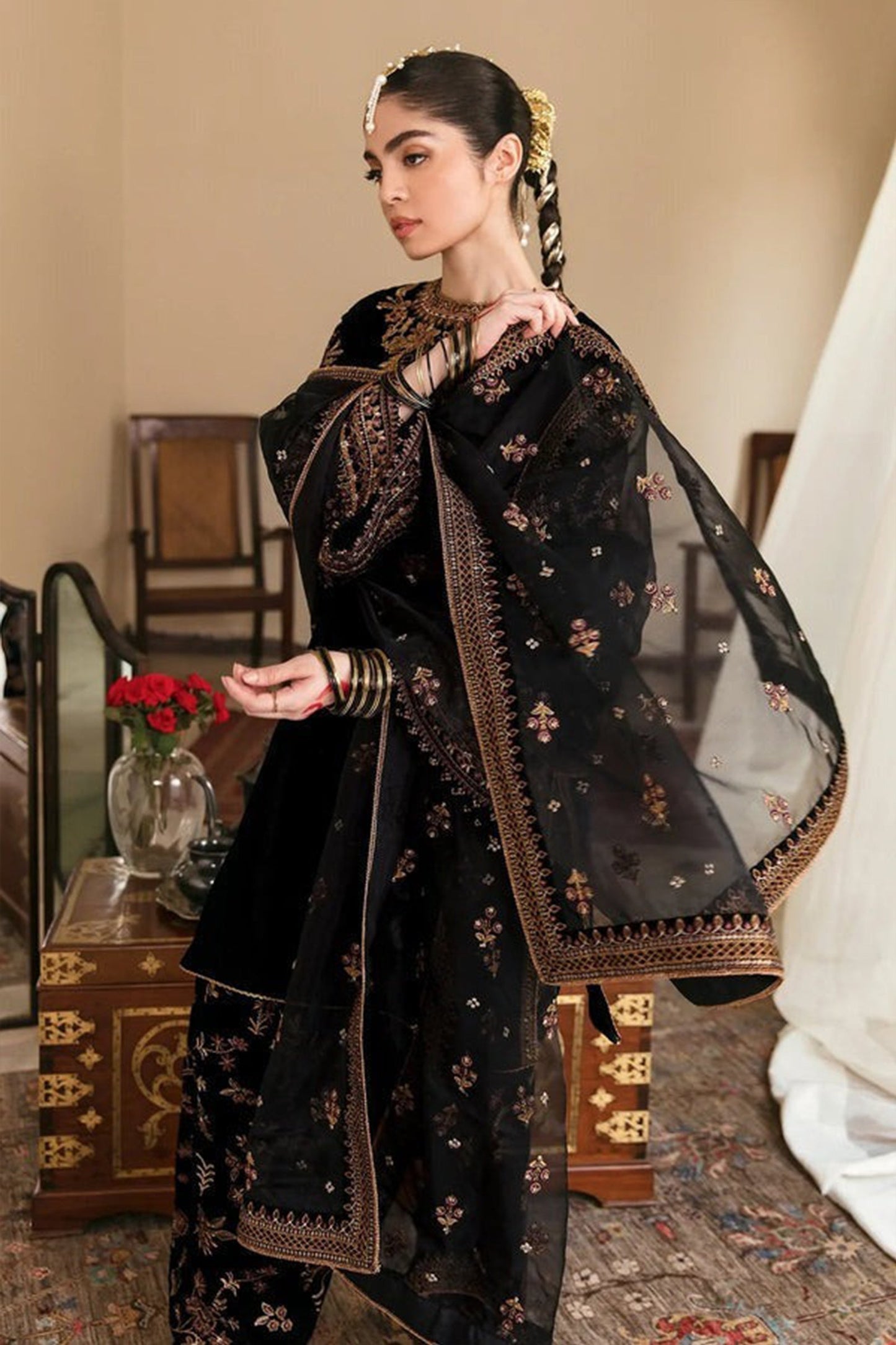 CF563-Winter Embroidered Velvet Dress With Organza embroidered Dopata