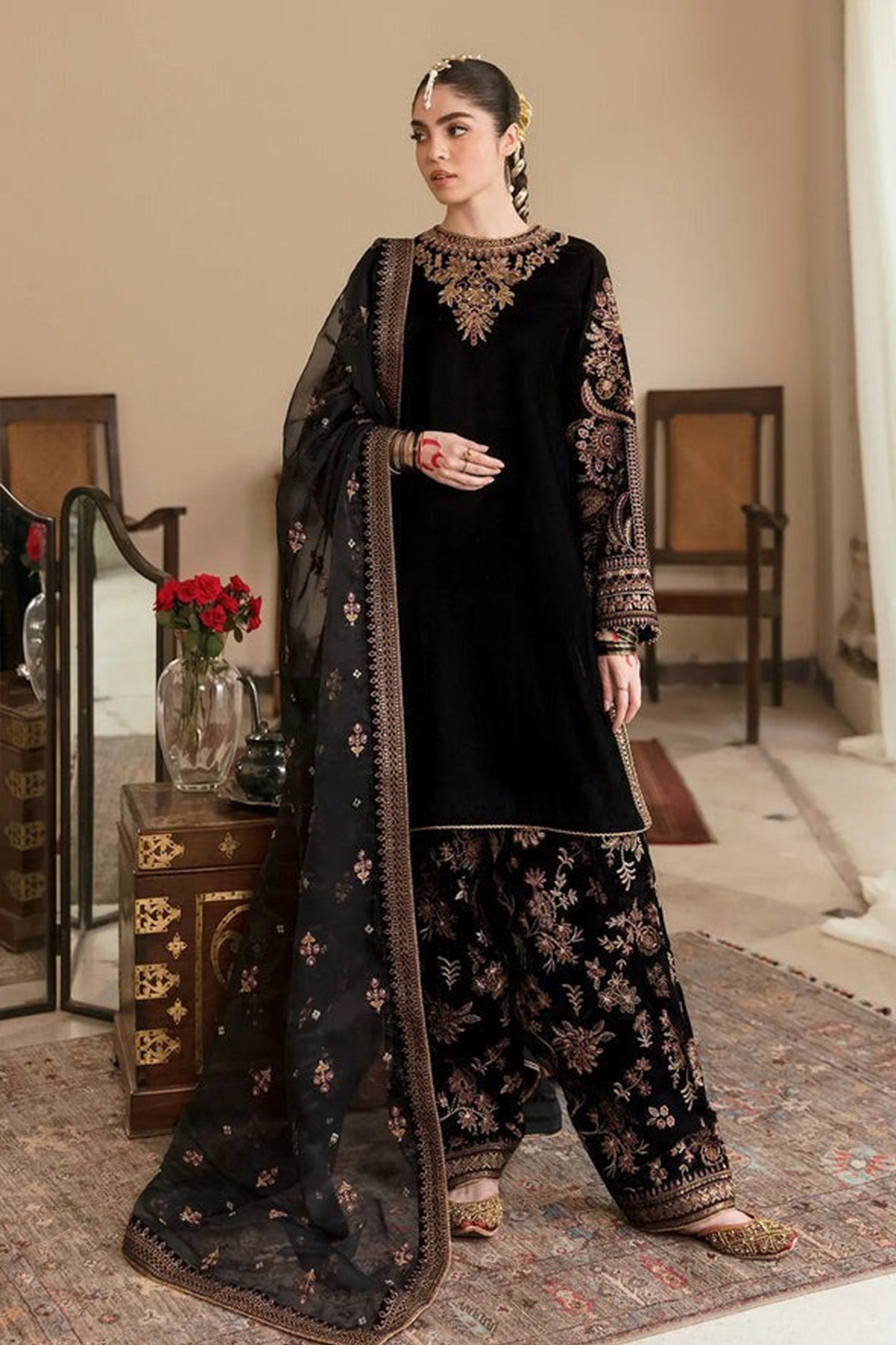 CF563-Winter Embroidered Velvet Dress With Organza embroidered Dopata