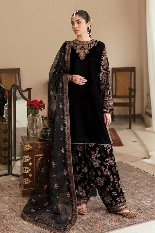 CF563-Winter Embroidered Velvet Dress With Organza embroidered Dopata