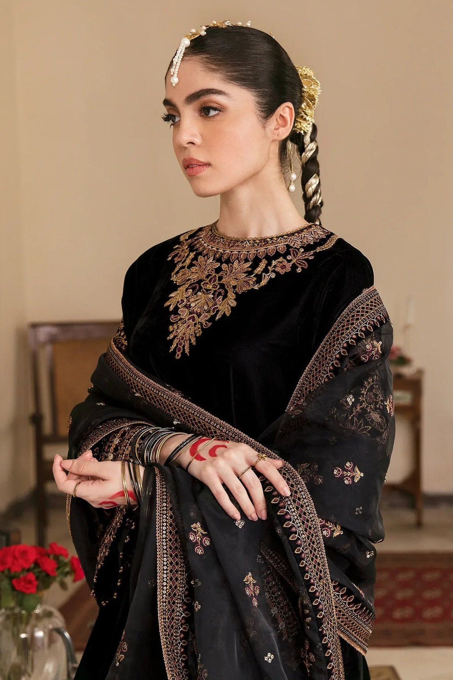 CF563-Winter Embroidered Velvet Dress With Organza embroidered Dopata
