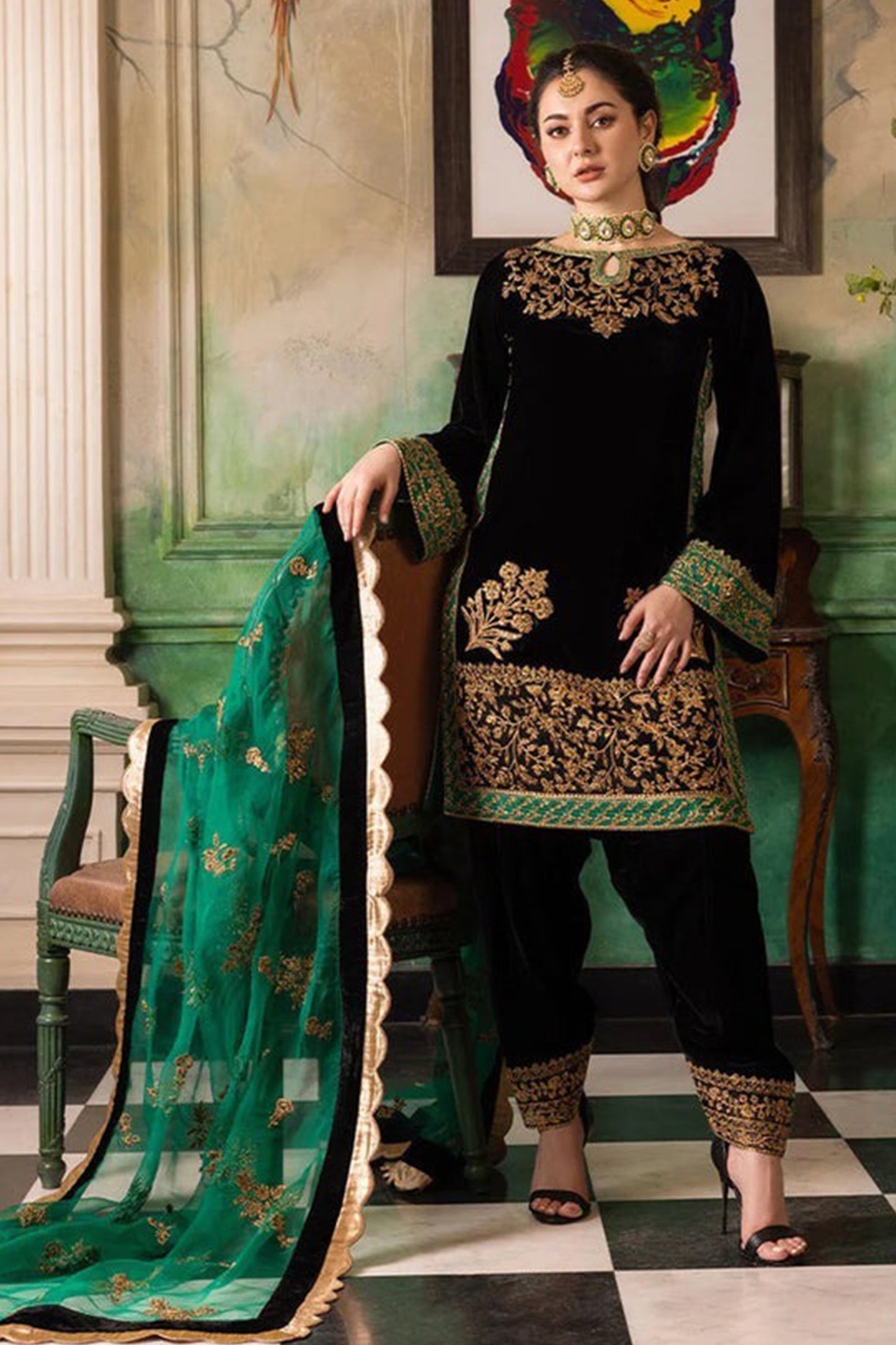 CF551-Velvet Winter Embroidered 3 Piece Dress With Organza embroidered Dopata