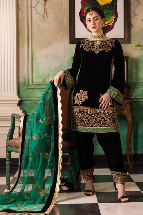 CF551-Velvet Winter Embroidered 3 Piece Dress With Organza embroidered Dopata