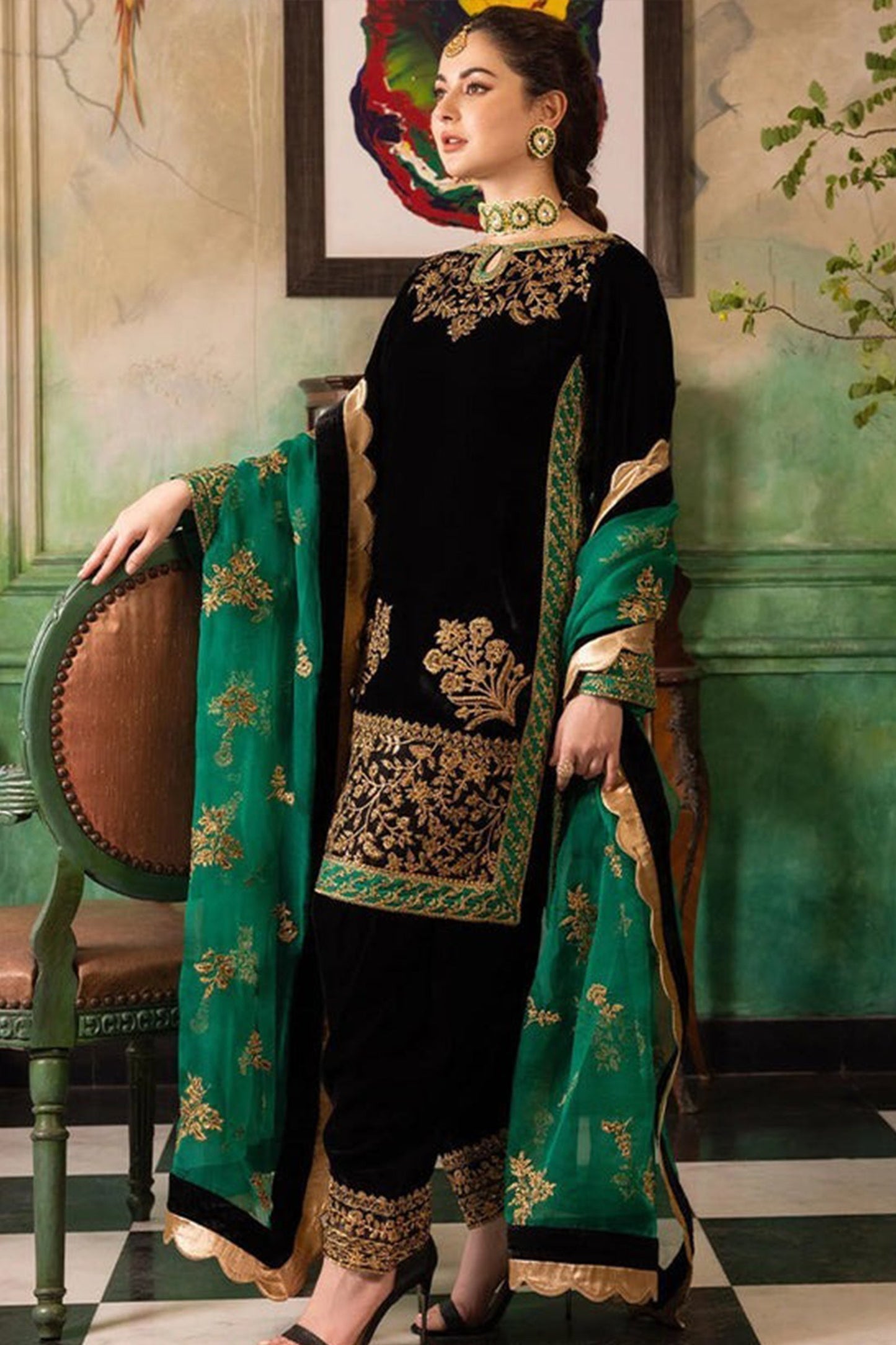 CF551-Velvet Winter Embroidered 3 Piece Dress With Organza embroidered Dopata