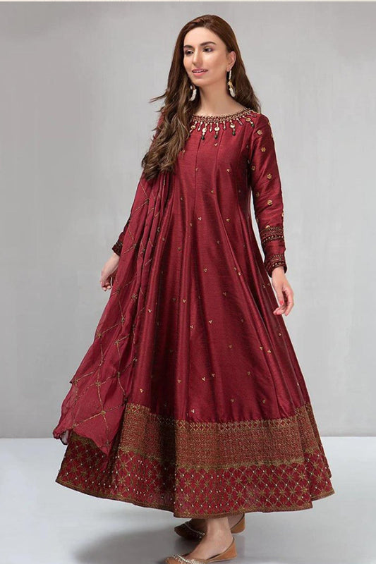 CF099-Maria B Winter, unstiched 3 piece kataan silk frock style embroidered suit