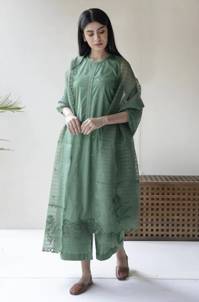 CF732-SUMMER 3PC Lawn Embroidered Shirt With Organza Embroidered Dupatta