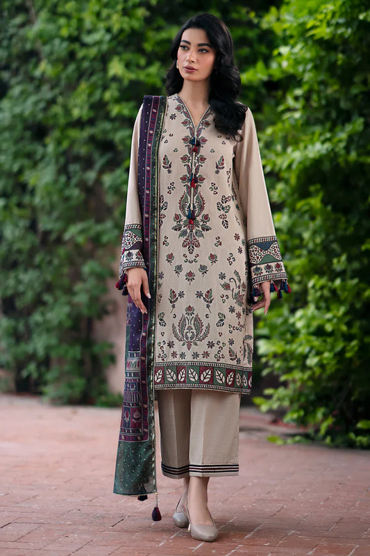 CF943-JAZMIN-3PC Dhanak Embroidered suit with Printed Shawll