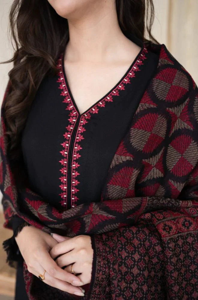 CF628-Asling 3PC Dhanak Embroidered suit with Printed Shawll