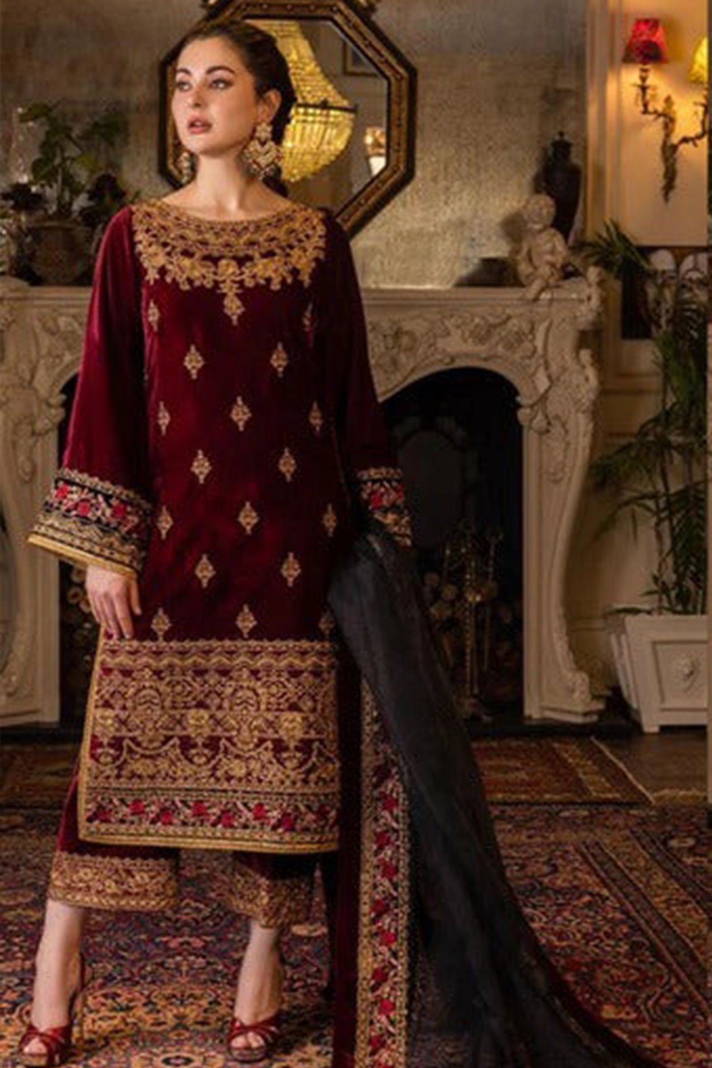 CF556-Velvet Winter Embroidered 3 Piece Dress With Organza embroidered Dopata