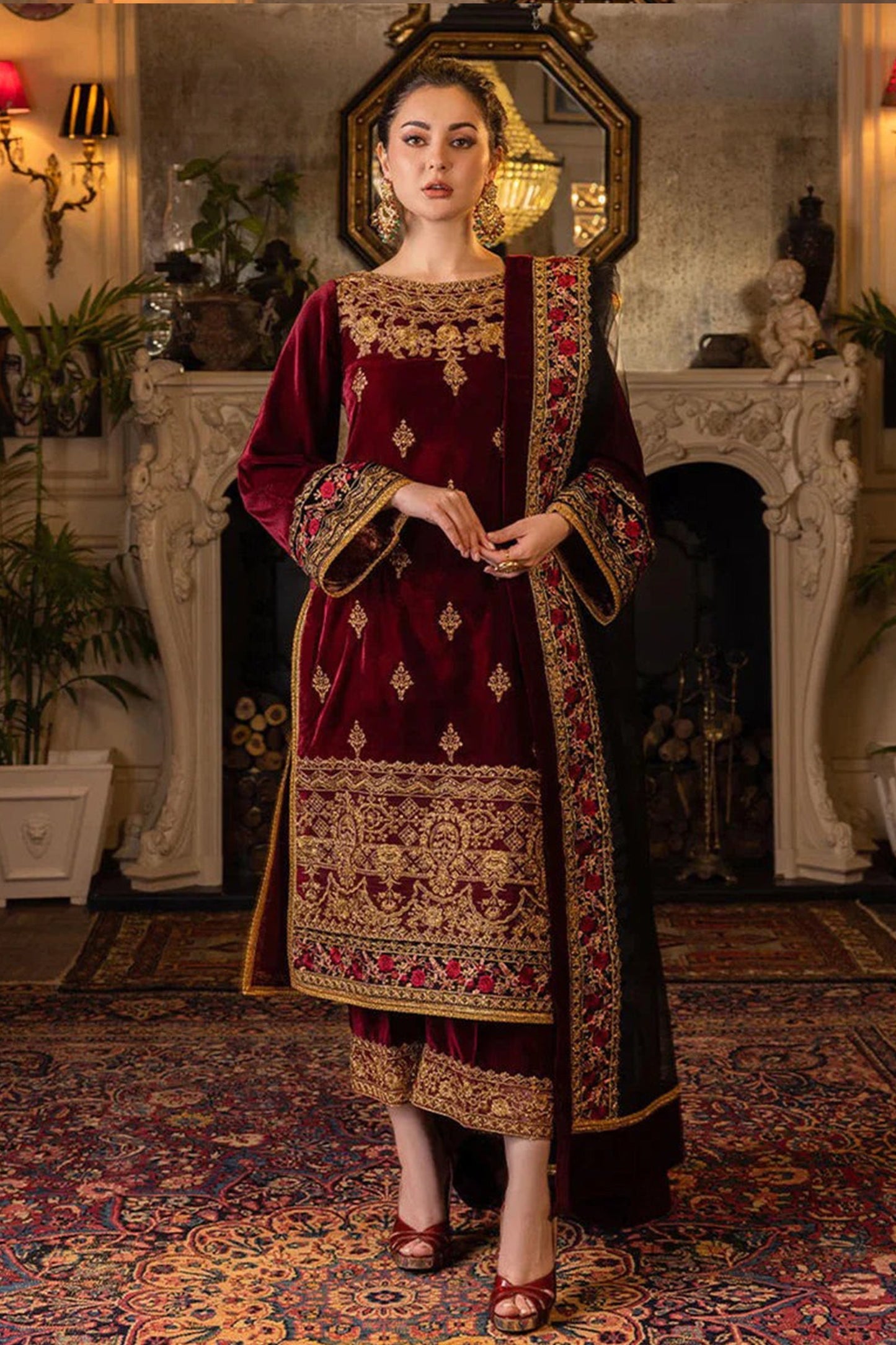 CF556-Velvet Winter Embroidered 3 Piece Dress With Organza embroidered Dopata