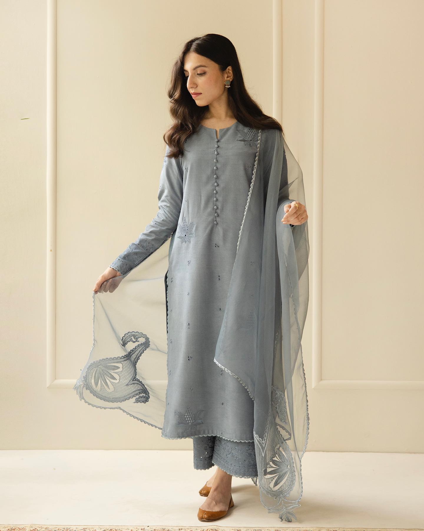 CF730-SUMMER 3PC Lawn Embroidered Shirt With Organza Embroidered Dupatta