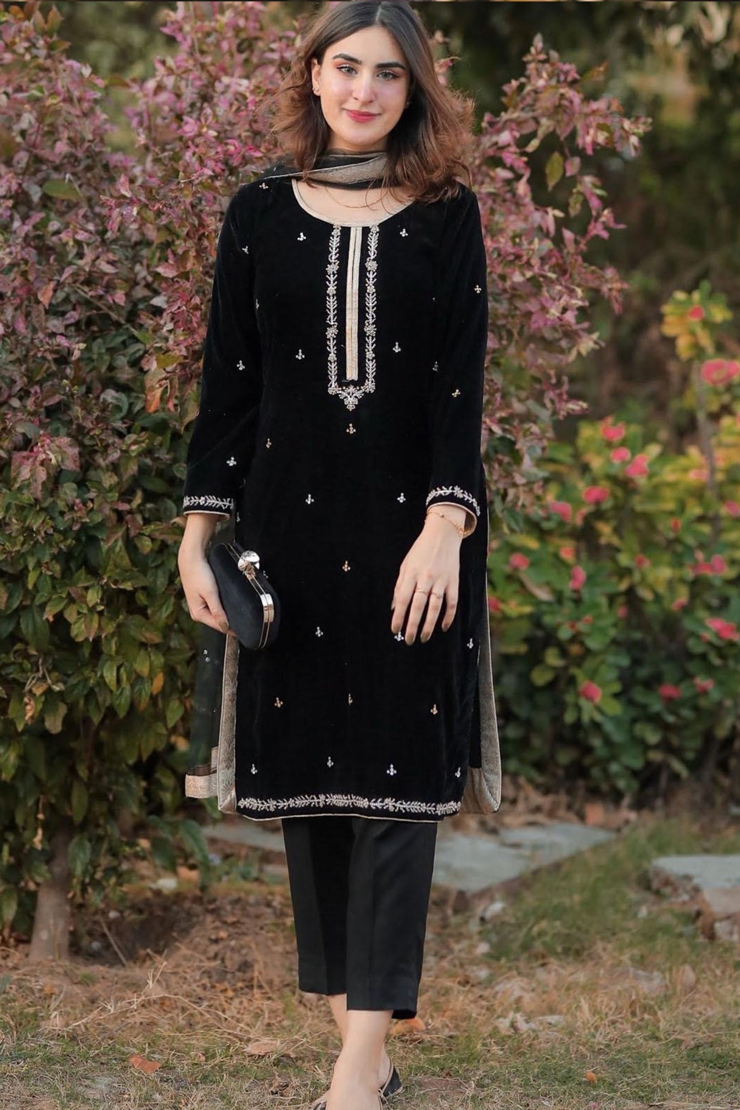 CF409-WINTER Velvet Embroidered  Dress With Organza embroidered Dopata