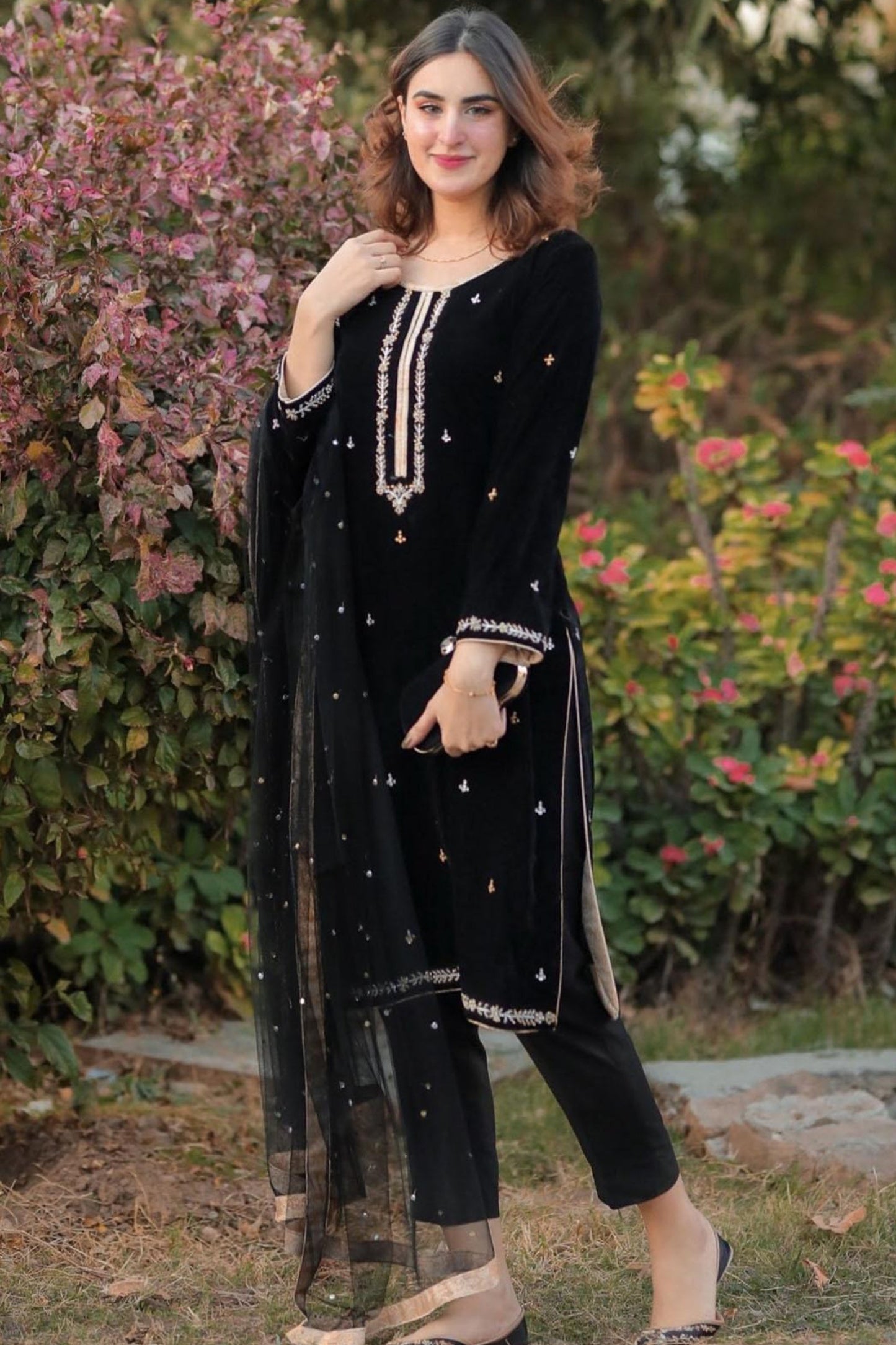 CF409-WINTER Velvet Embroidered  Dress With Organza embroidered Dopata