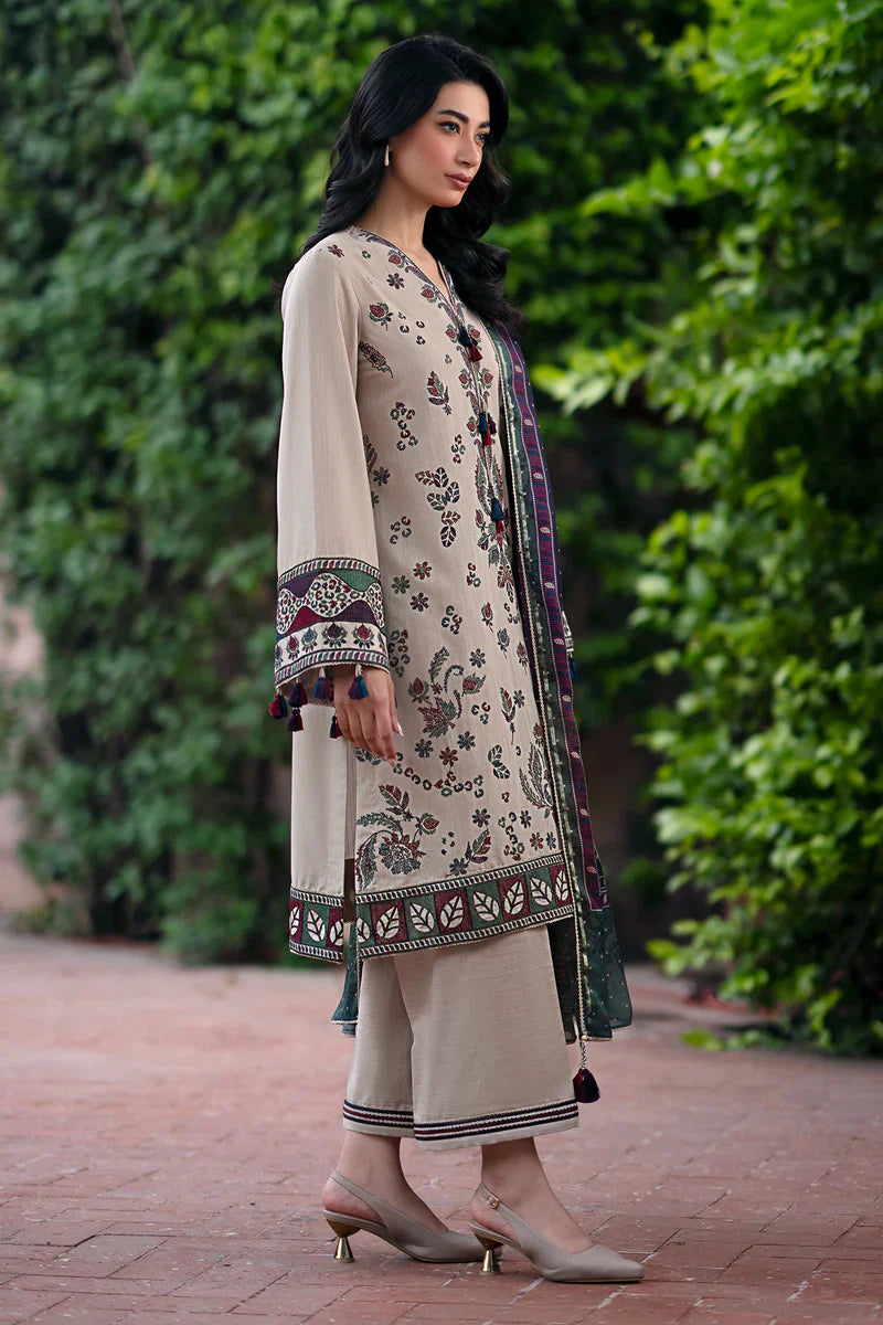 CF943-JAZMIN-3PC Dhanak Embroidered suit with Printed Shawll