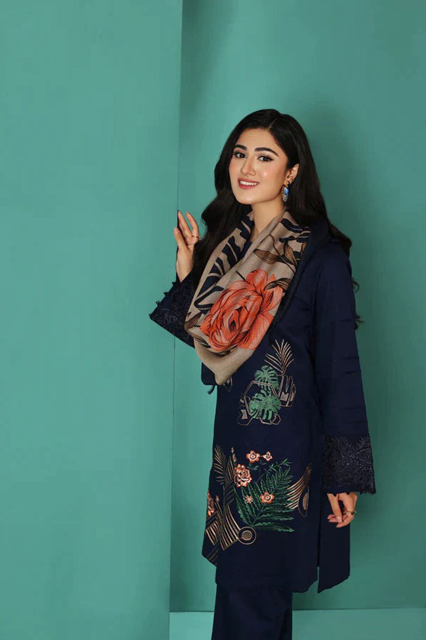CF585-WINTER Nishat Blue Dhanak Embroidered three piece With Printed Wool Shawll