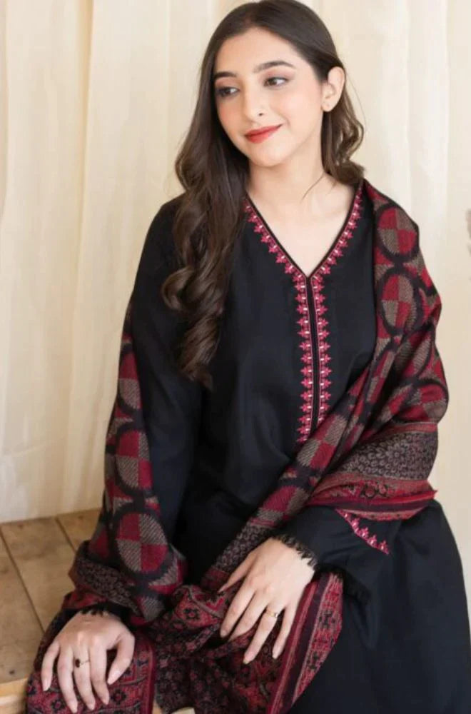 CF628-Asling 3PC Dhanak Embroidered suit with Printed Shawll