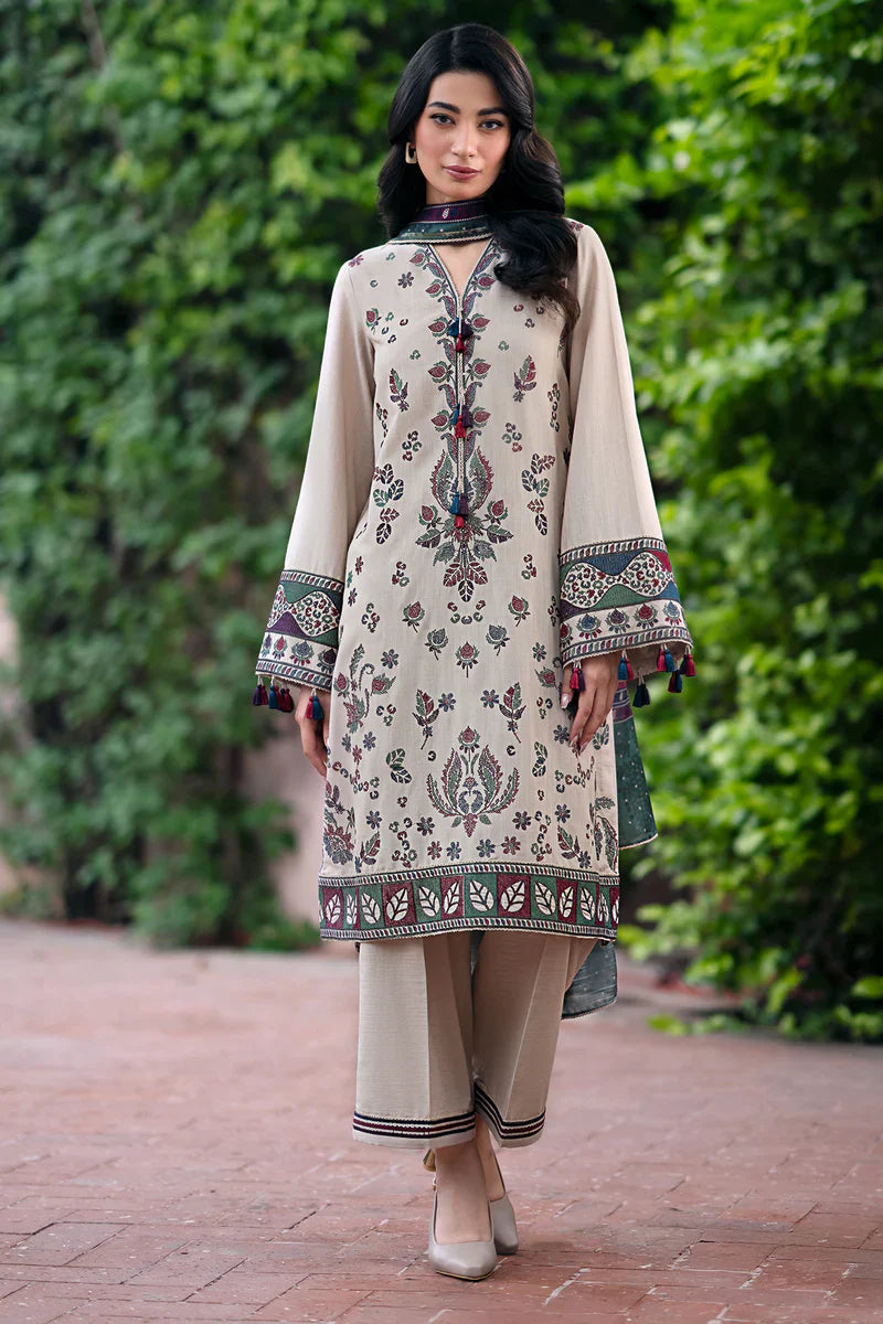 CF943-JAZMIN-3PC Dhanak Embroidered suit with Printed Shawll