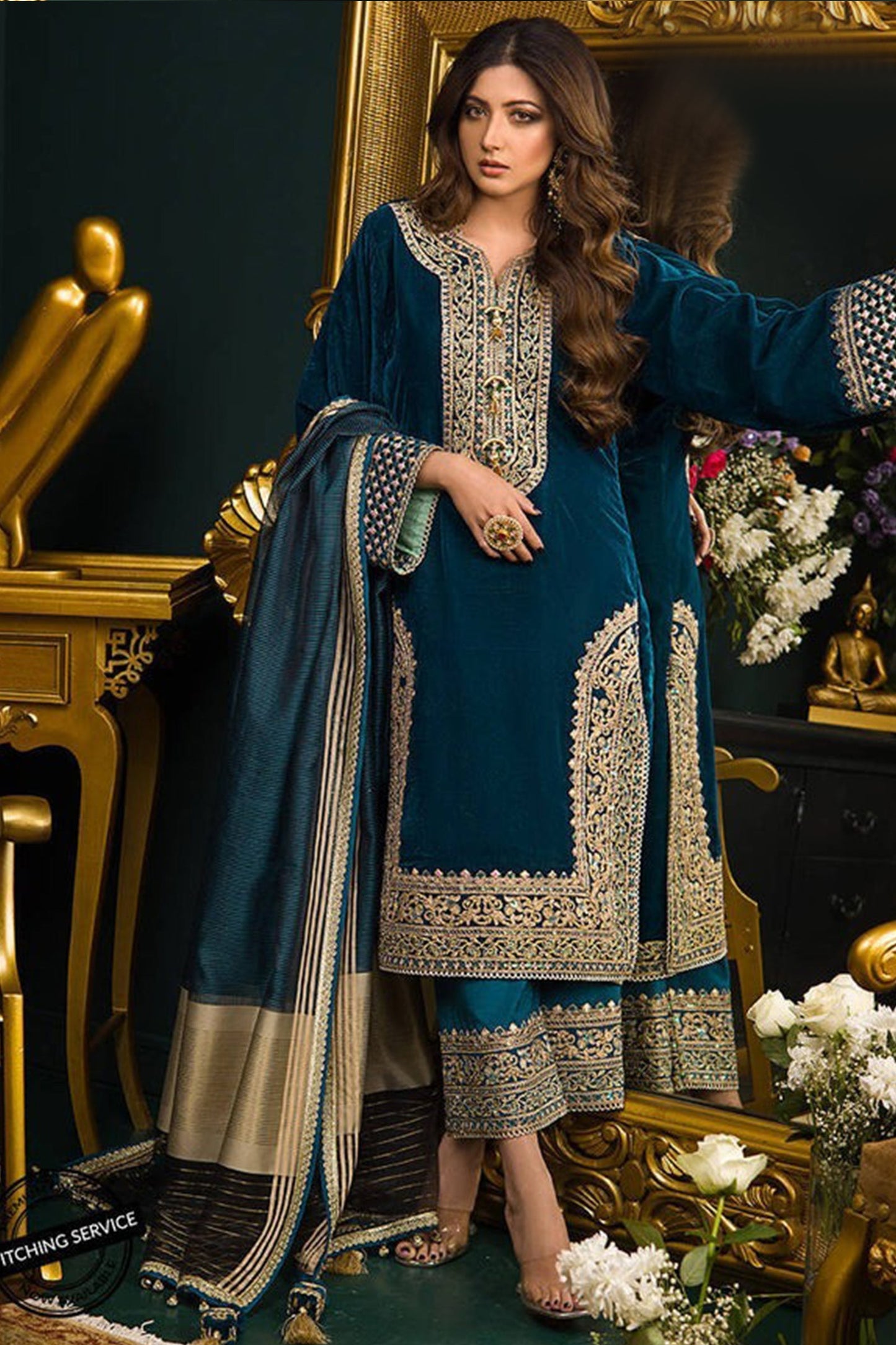 CF414-WINTER Heavy Embroidered Velvet Dress with Silk Trouser