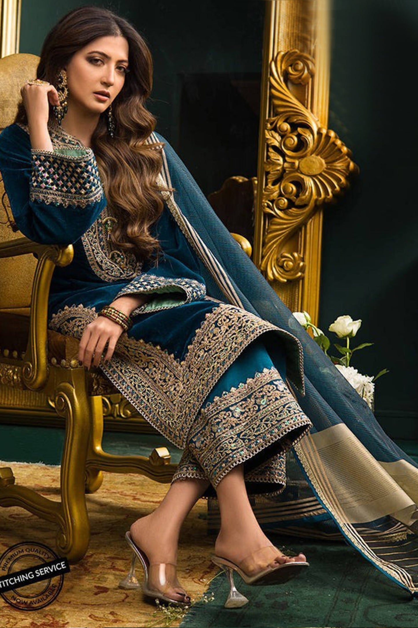 CF414-WINTER Heavy Embroidered Velvet Dress with Silk Trouser