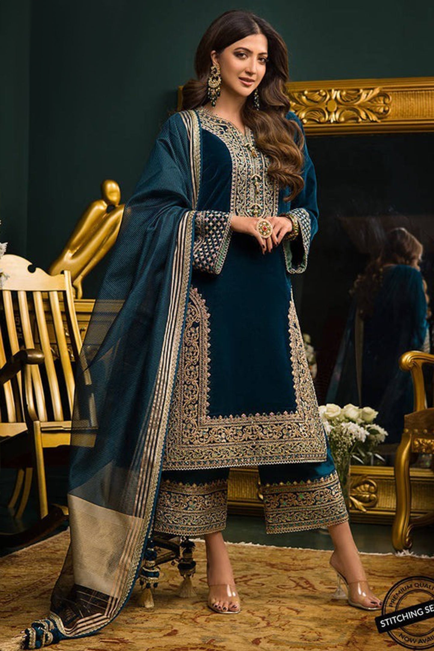 CF414-WINTER Heavy Embroidered Velvet Dress with Silk Trouser