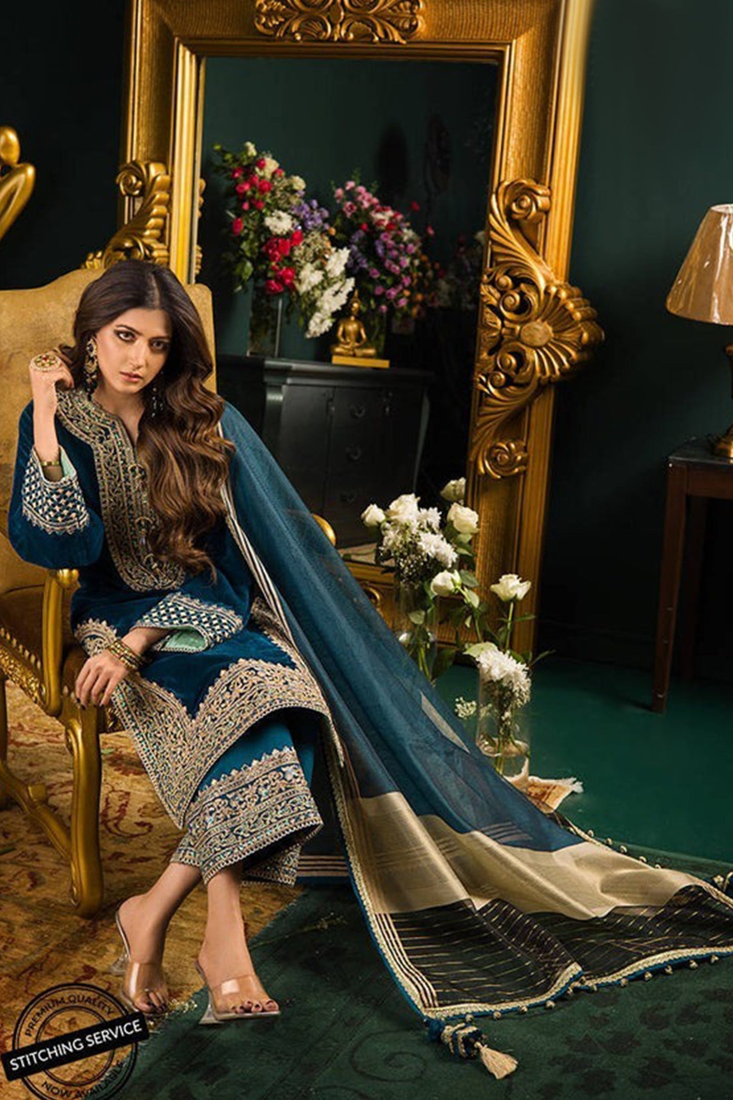 CF414-WINTER Heavy Embroidered Velvet Dress with Silk Trouser