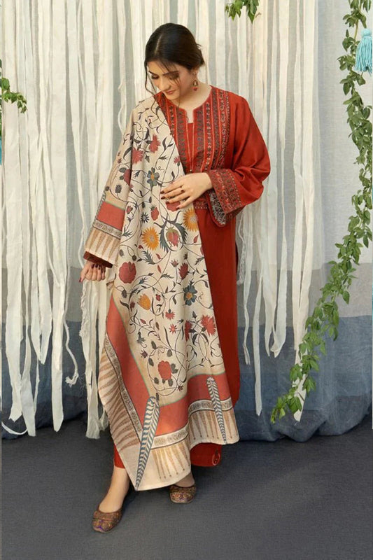 CF914-WINTER 3PC Dhanak Embroidered suit with Printed Shawll