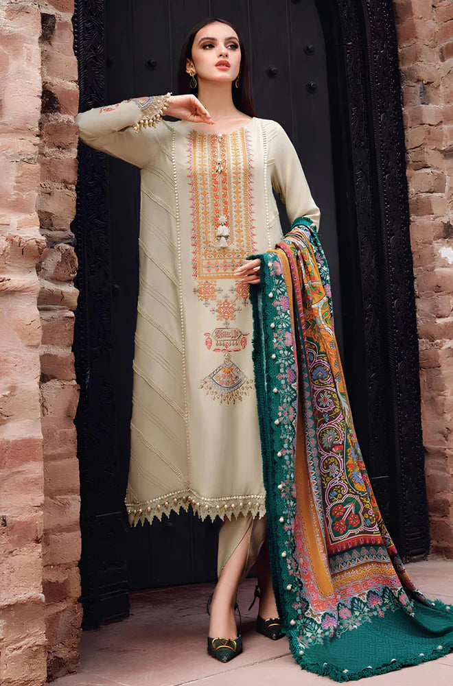 CF539-WINTER 3PC Dhanak Embroidered suit with Printed Shawll