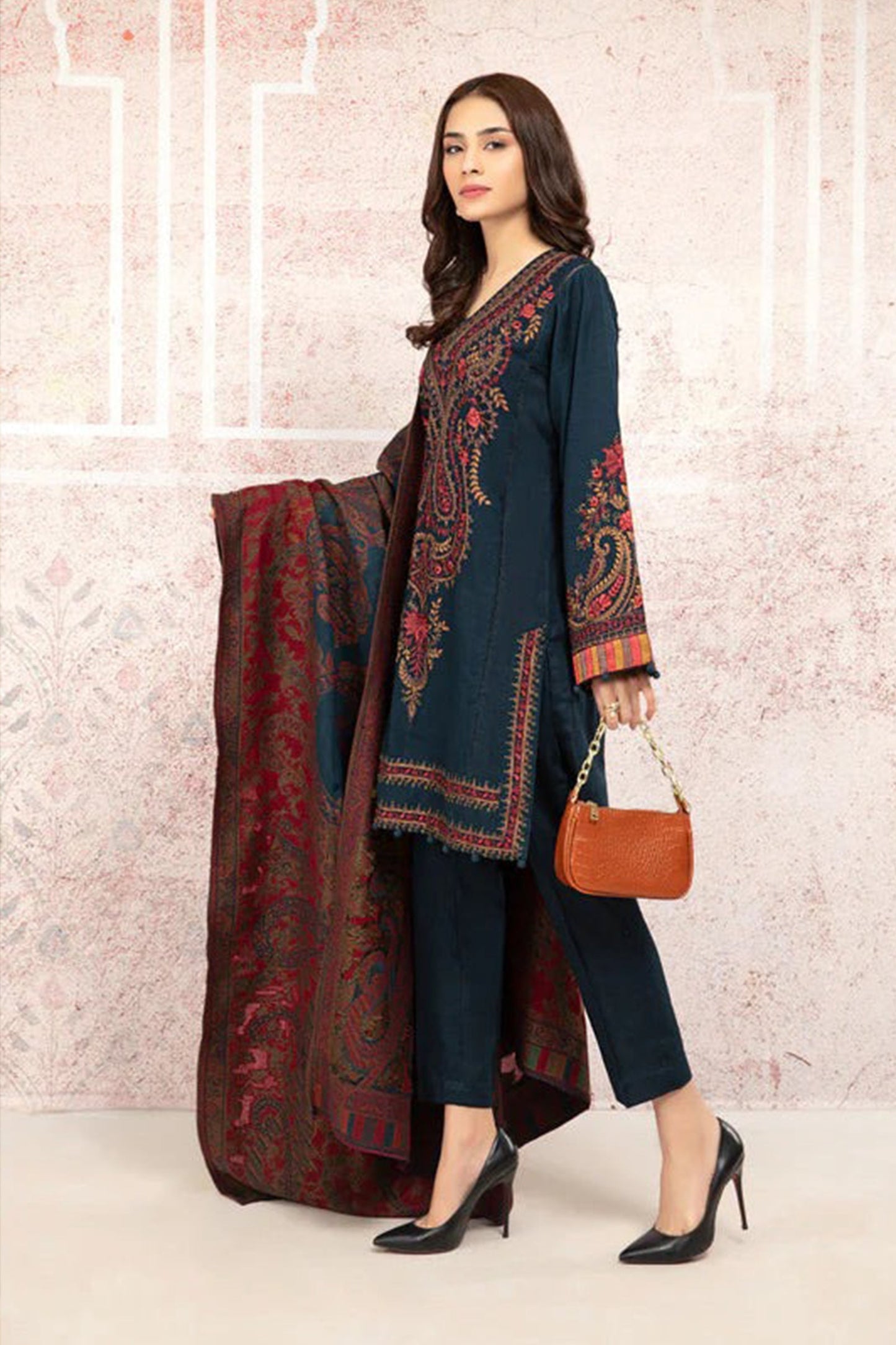 CF582-WINTER 3PC Khaddar Dhanak Embroidered Suit with Printed Wool Shawll
