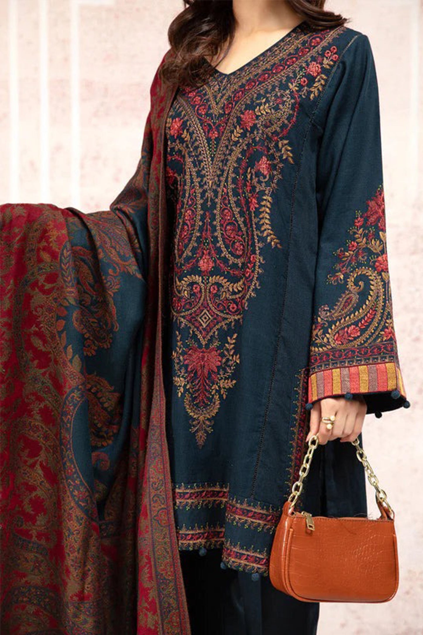 CF582-WINTER 3PC Khaddar Dhanak Embroidered Suit with Printed Wool Shawll