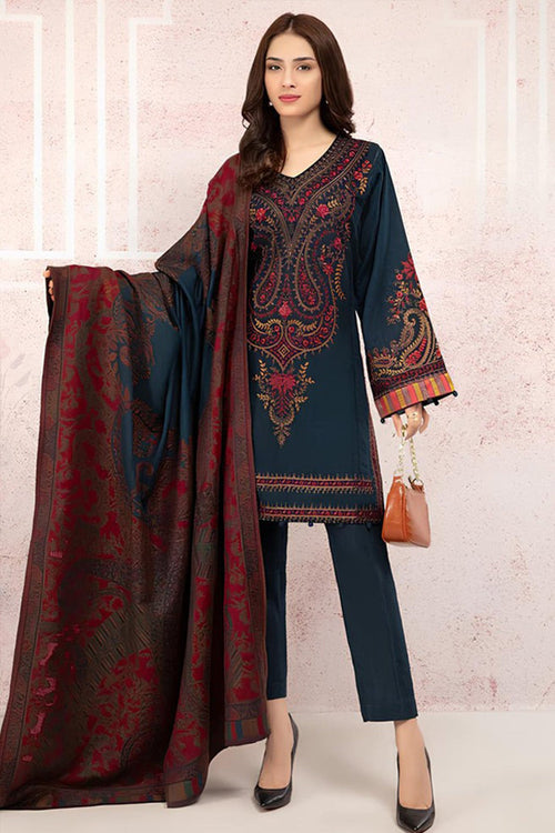 CF582-WINTER 3PC Khaddar Dhanak Embroidered Suit with Printed Wool Shawll